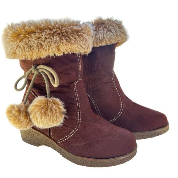 NWT Coco George Brown Tan Faux Suede Fur Platform Heel Girls Boots Size 11.5 - Picture 1 of 8